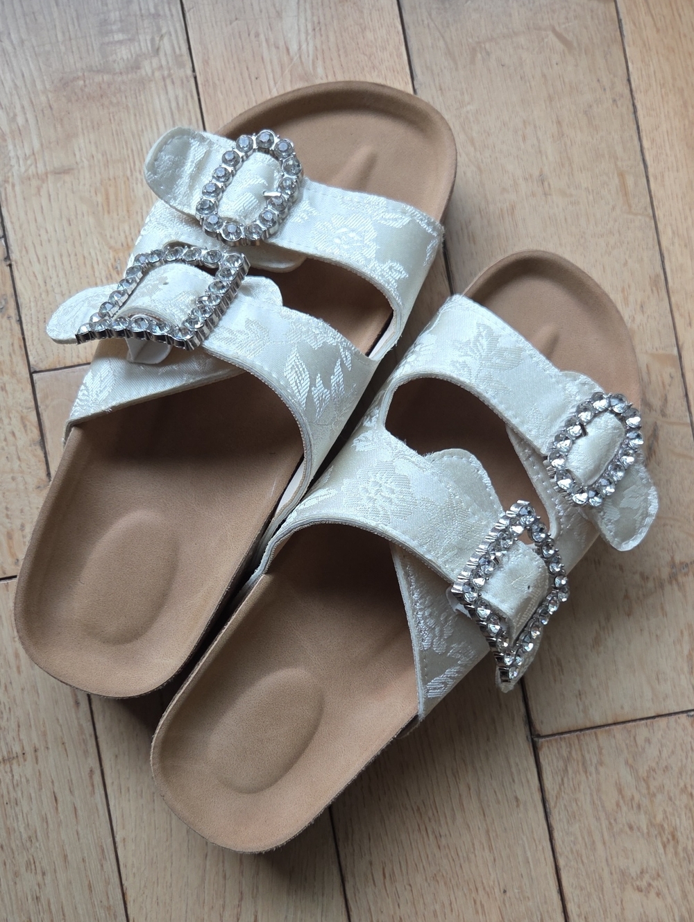 Embellished White Satin Slide Sandals with Crystal Buckles
